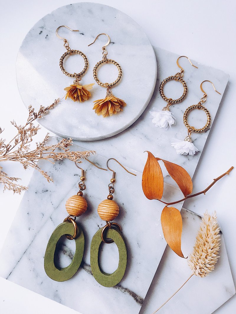 饰品组合礼包 - 自然花木系列耳环 2副耳环 - 耳环/耳夹 - 木头 黄色