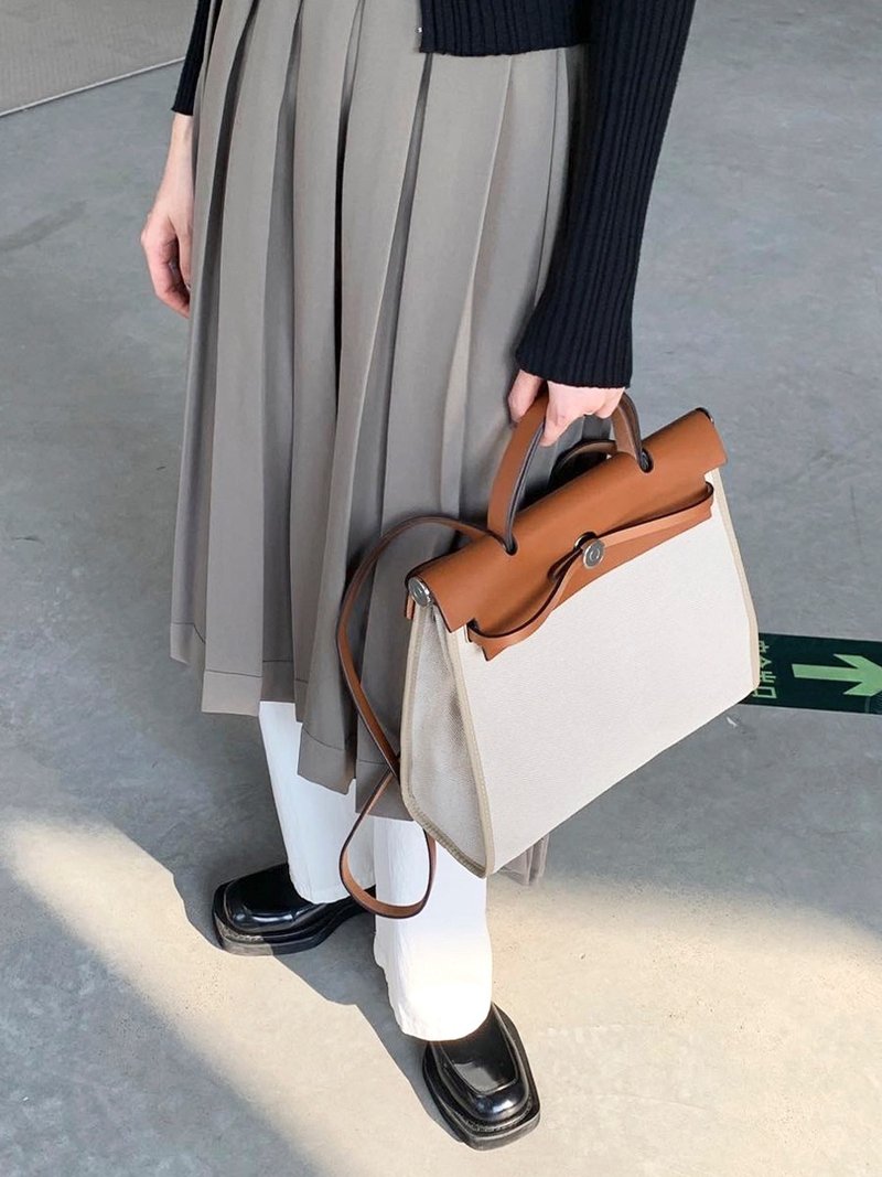 黃棕色  英式學姐 時髦嚴肅牛皮帆布拼接劍橋包 英倫風斜背公文包 - 公文包/医生包 - 人造皮革 咖啡色