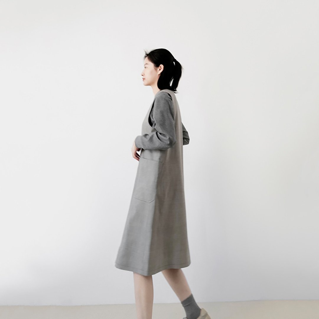 板栗研衣所 |Gamine 芝麻灰温莎格精纺羊毛V领无袖背心休闲连衣裙 - 洋装/连衣裙 - 羊毛 