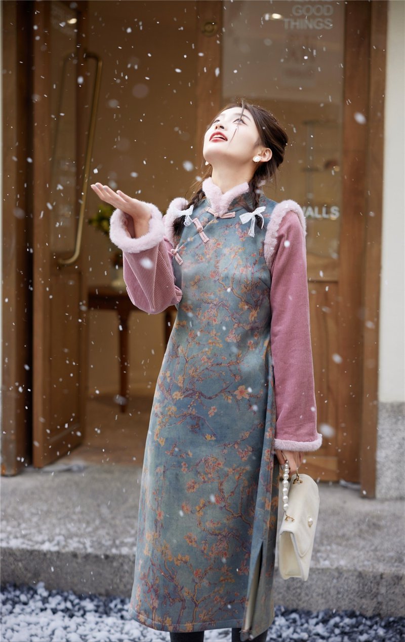 藍綠碎花拼接 秋冬加厚假兩件洋裝外套 新中式中秋春節改良旗袍 - 旗袍 - 聚酯纤维 白色