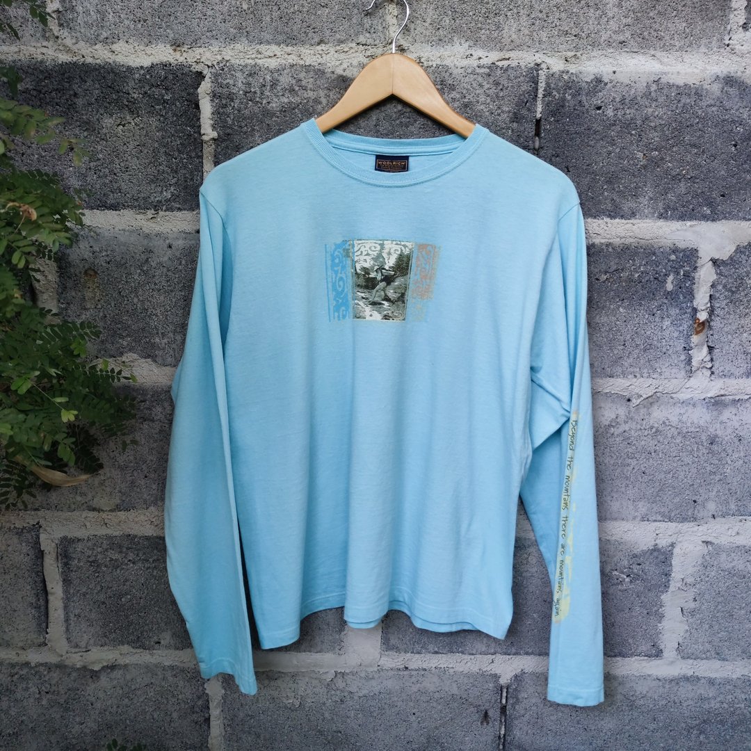 90s 古着 Woolrich Beyond The Moutain Outdoor 长袖 T-Shirt - 男装上衣/T 恤 - 棉．麻 蓝色