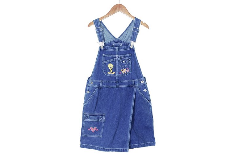 {:::Giraffe 长颈鹿人:::}_崔弟一片裤裙古着牛仔短吊带裤 - 背带裤/连体裤 - 棉．麻 蓝色