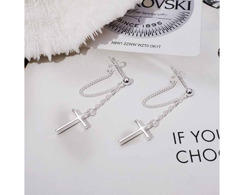 I 十字 I 925纯银耳钉 - 耳环/耳夹 - 纯银 银色