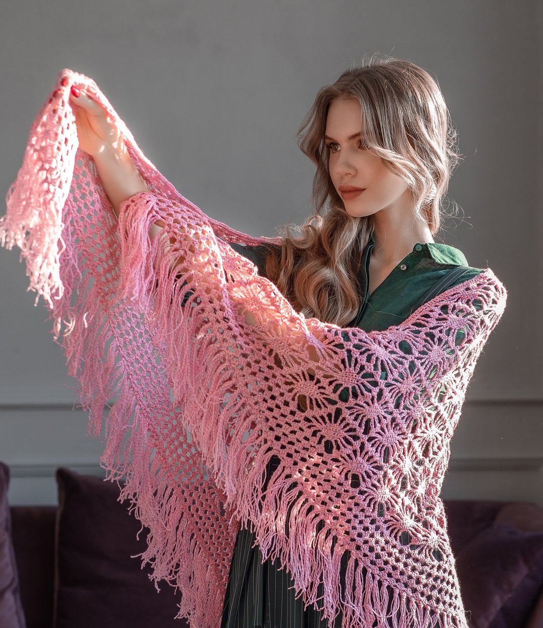 Pink crocheted shawl (with lurex). High-quality handmade. Hand knitting. - 围巾/披肩 - 其他材质 粉红色
