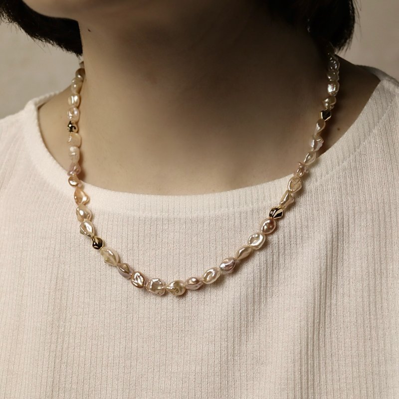 日出香槟珍珠项链 天然淡水珍珠 巴洛克珍珠  碎银珍珠 - 长链 - 珍珠 金色