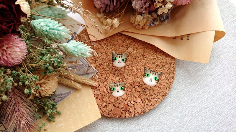 猫咪耳针式耳环 - 虎斑猫 (单支) - 耳环/耳夹 - 粘土 灰色