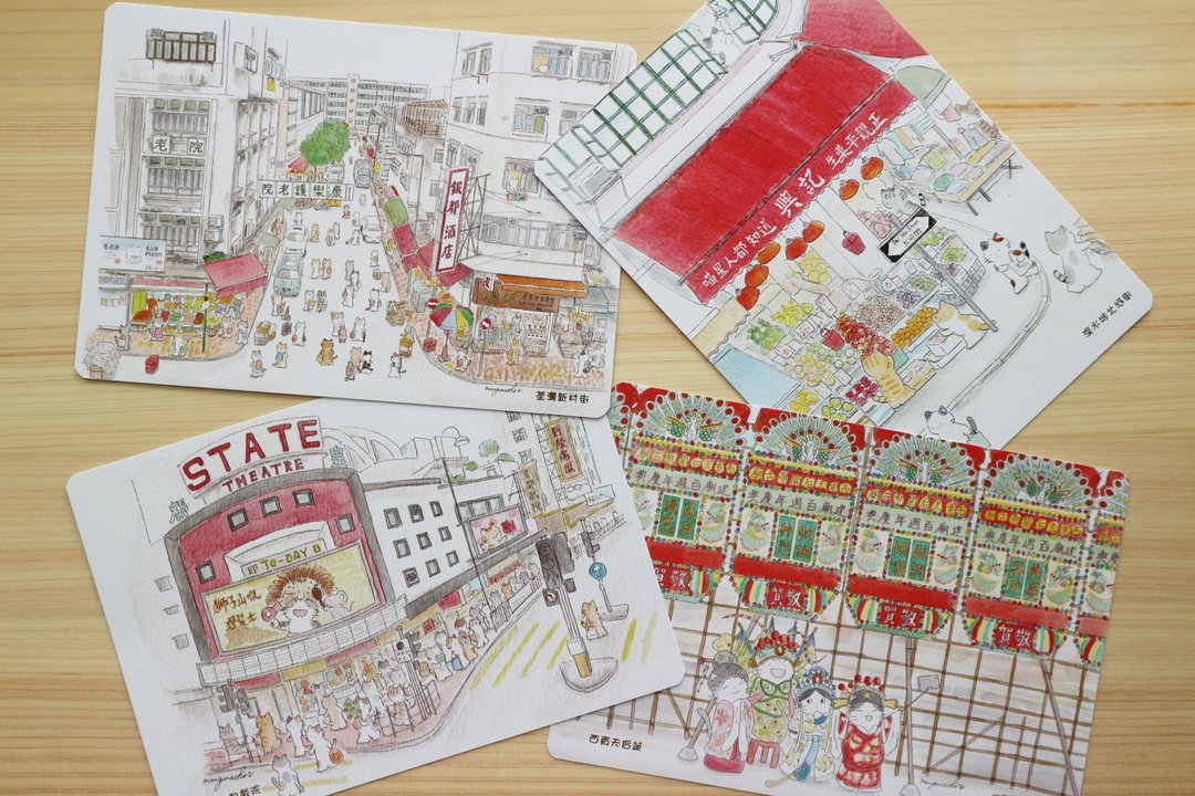猫咪香港明信片 Set C -4张 - 卡片/明信片 - 纸 