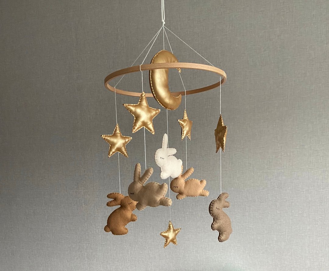 Bunny mobile, Baby mobile gold,Gold stars nursery decor, Baby gift - 满月礼盒 - 其他材质 金色