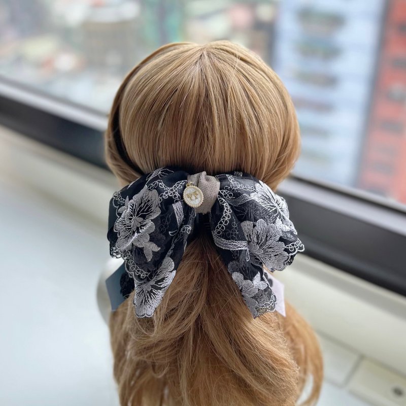 独家款双层蕾丝相交夹香蕉夹仙女夹-黑色烫银刺绣 - 发饰 - 其他材质 黑色