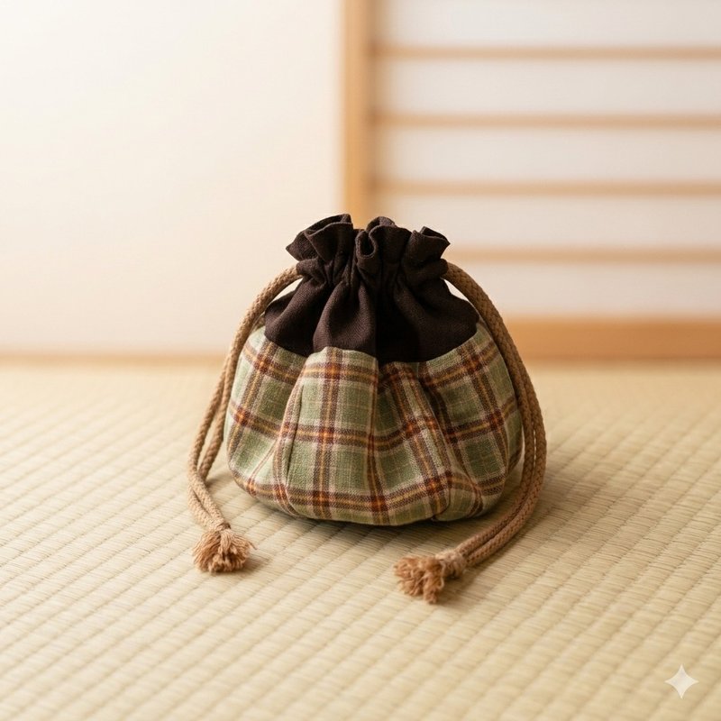 【 MY HANDMADE 】 复古圆底格纹束口软包l 日本棉布 - 束口袋双肩包 - 棉．麻 咖啡色