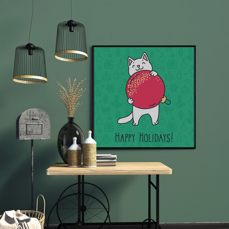 欢乐小白猫 - Xmas/礼物/节庆/庆祝/挂画/装饰/新居落成/猫咪 - 海报/装饰画/版画 - 棉．麻 绿色