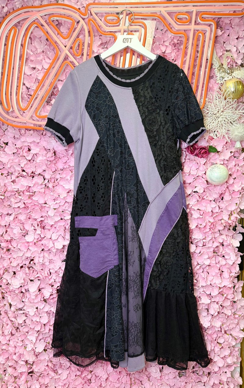 OTT独一无二•Unique日系紫克色拼接雷射刺绣蕾丝织花连衣裙 - 洋装/连衣裙 - 棉．麻 紫色