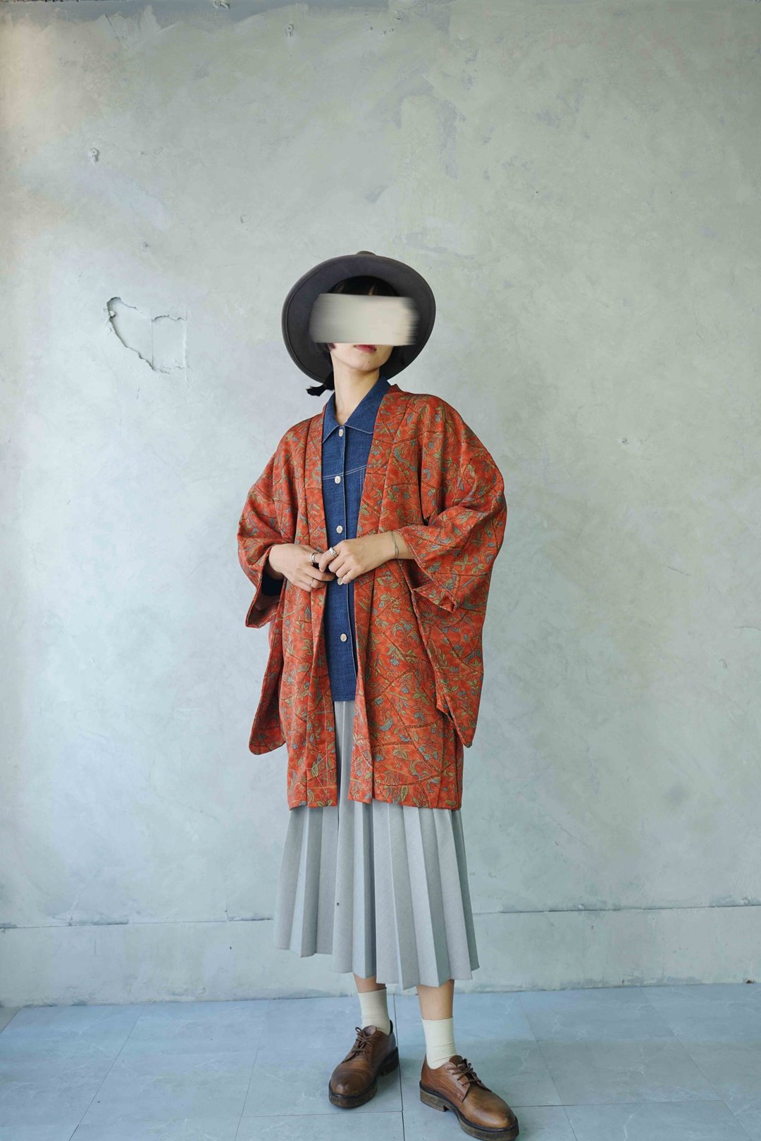 寻宝古着-花草系印花橘红质感日本羽织和服 - 女装休闲/机能外套 - 丝．绢 橘色