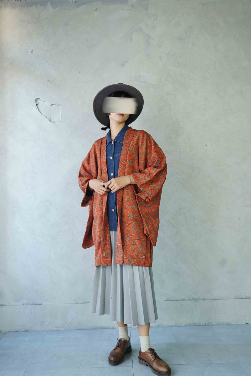 寻宝古着-春天花草系印花橘红质感日本羽织和服 - 女装休闲/机能外套 - 丝．绢 橘色