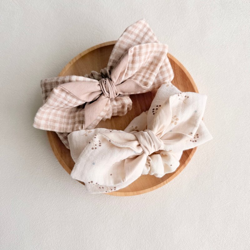 Tanpopo 手作宝宝小物 | 香草奶茶格纹系列蝴蝶结发带 - 婴儿帽/发带 - 棉．麻 卡其色