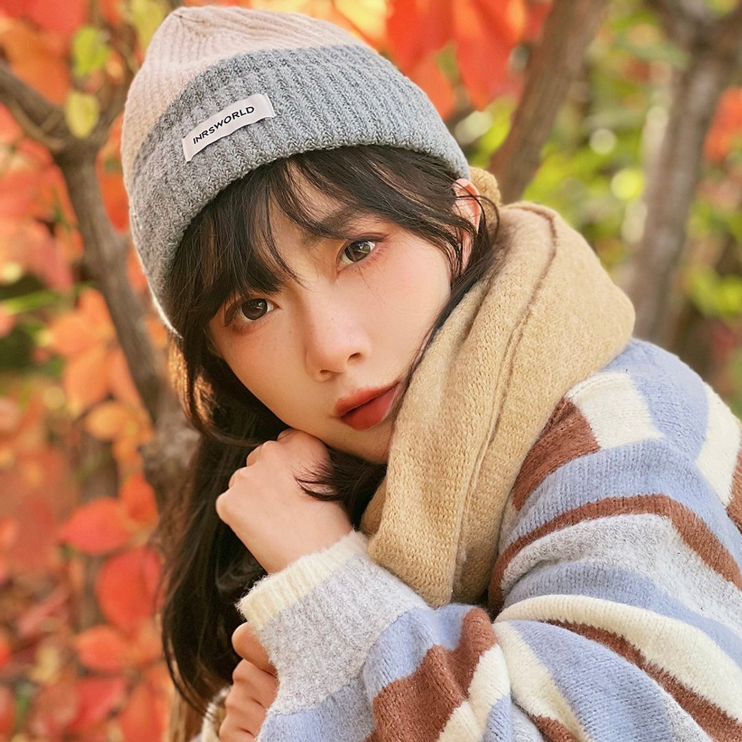 毛线帽 【ISW】悉心界针织撞色毛线帽-蓝绿色 男女 - 帽子 - 棉 蓝色