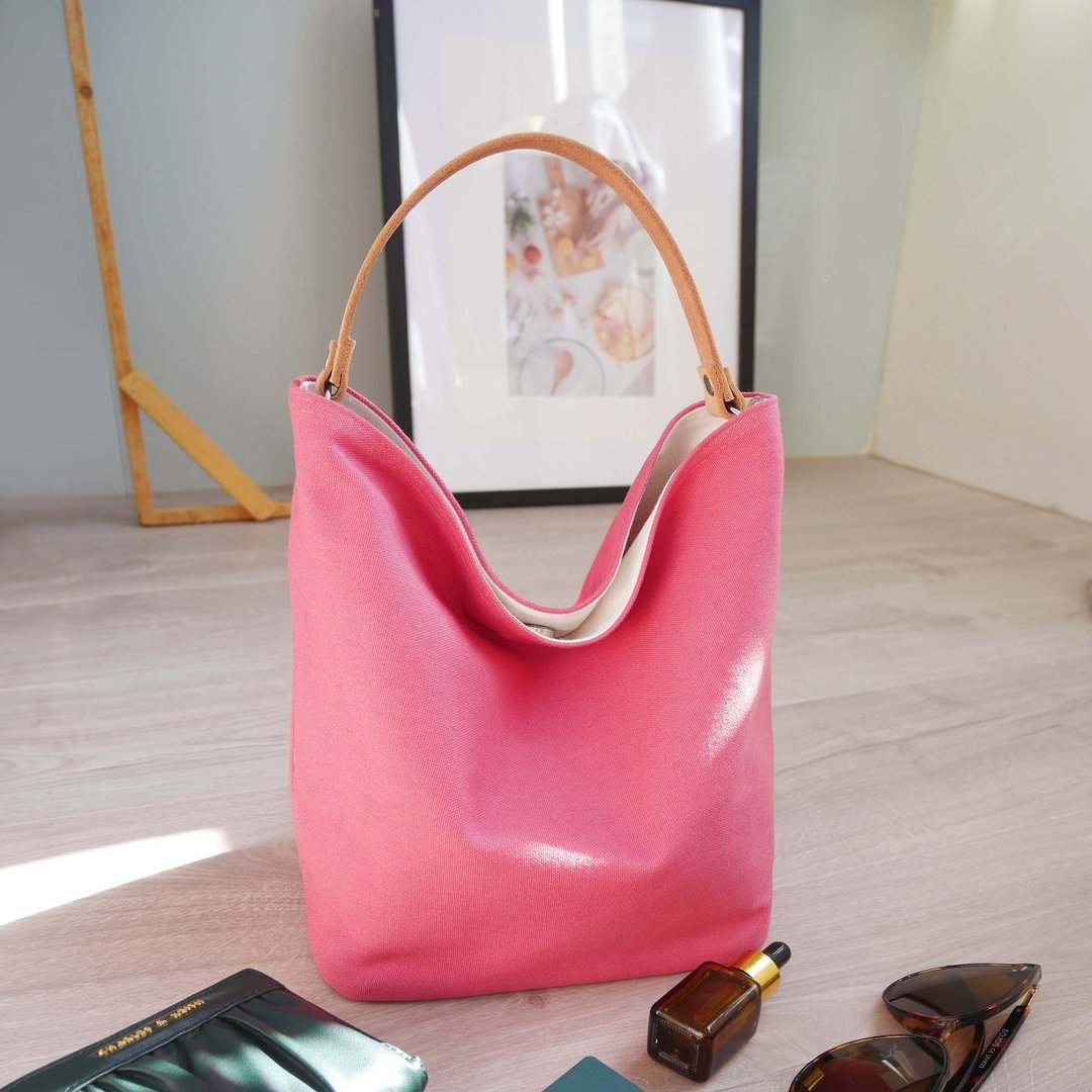 质感帆布 MINI水桶包 Mini bucket bag #74桃花红 - 手提包/手提袋 - 棉 红色