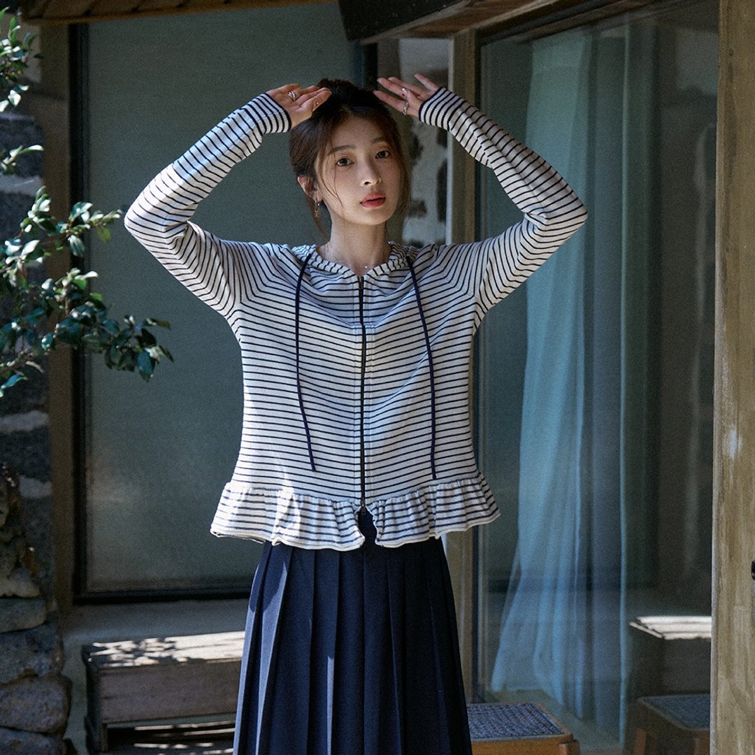 细条纹荷叶边开衫|针织衫|秋款|Sora-1598 - 女装针织衫/毛衣 - 棉 多色
