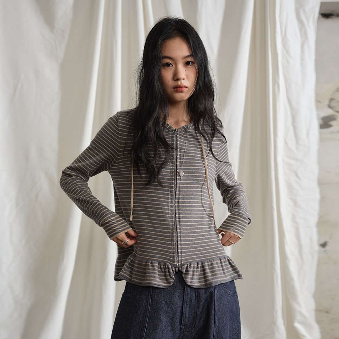 细条纹荷叶边开衫 | 针织衫 | 秋款|Sora-1598 - 女装针织衫/毛衣 - 棉 多色