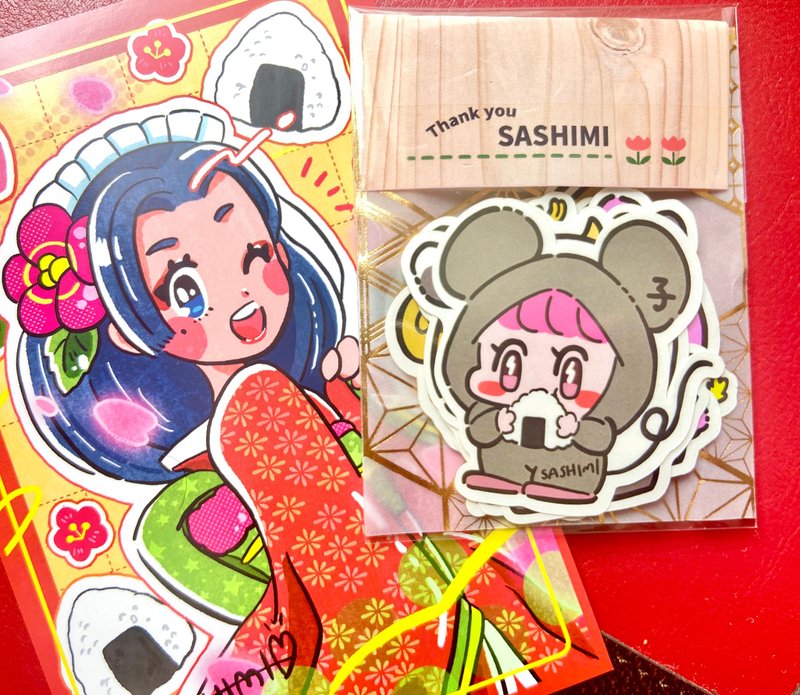 饭团十二生肖贴纸 12 张与明信片套装 - 贴纸 - 纸 咖啡色