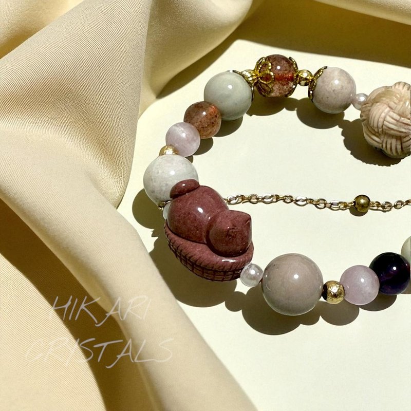 守护爱情的小喵手链 草莓晶 紫水晶 紫锂辉 阿拉善 粉红猫雕件 - 手链/手环 - 水晶 红色