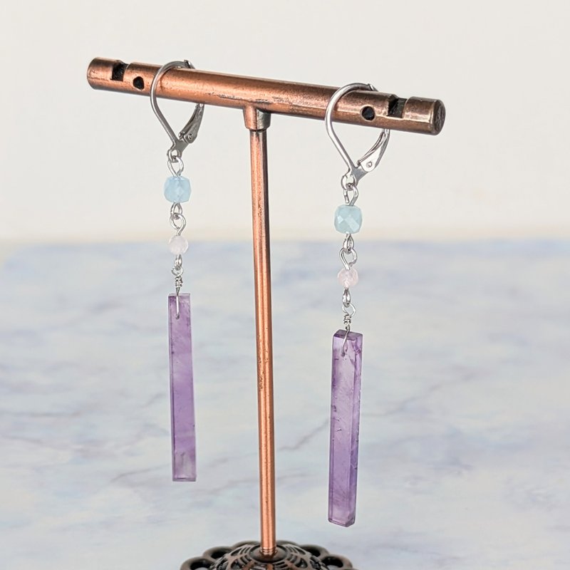 天然宝石耳环　紫水晶 海蓝宝 玫瑰石英 - 耳环/耳夹 - 宝石 紫色