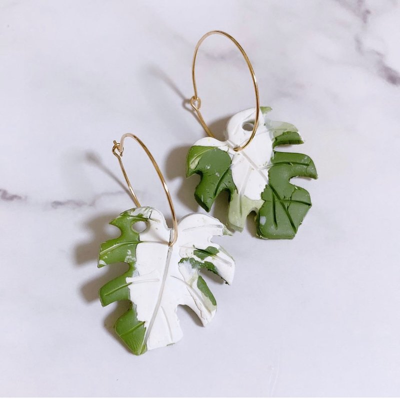 【圣诞礼盒】龟背竹手工耳环 - 耳环/耳夹 - 粘土 绿色