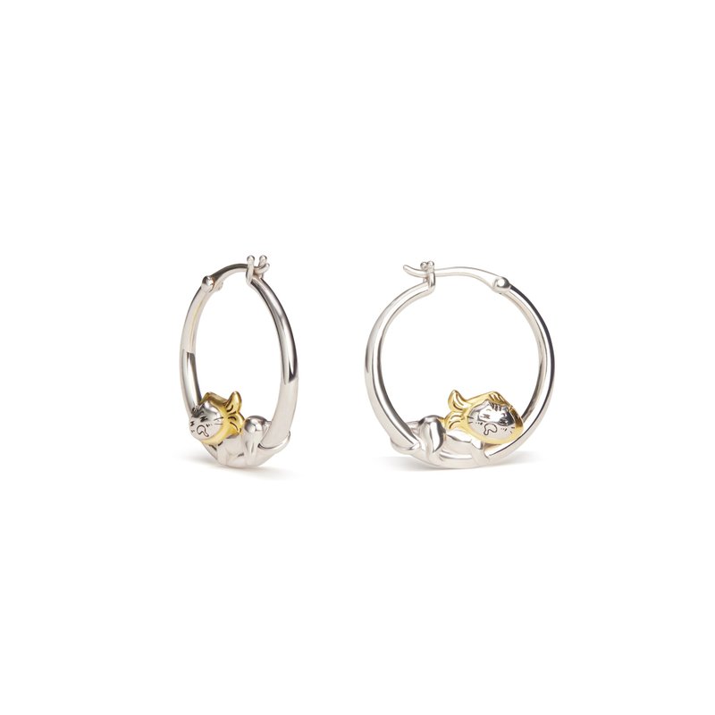 手工貓咪圓環耳環 可愛貓咪耳環 精緻有趣的貓咪耳環 貓咪耳環 - 耳环/耳夹 - 纯银 