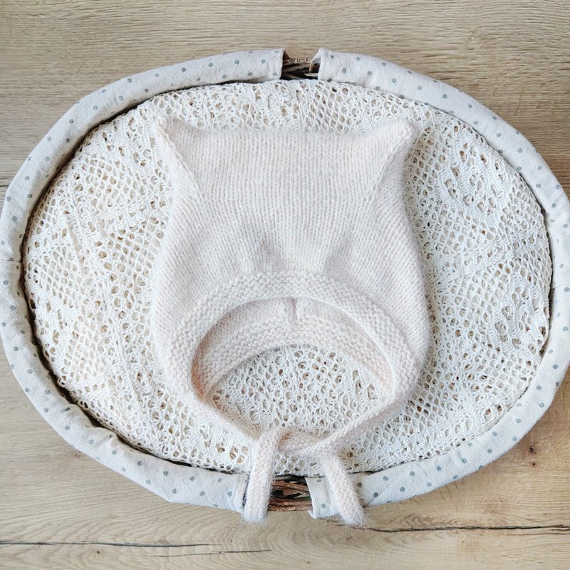 婴儿针织帽，儿童帽，猫咪造型帽兜，女童针织帽 - 婴儿帽/发带 - 羊毛 白色