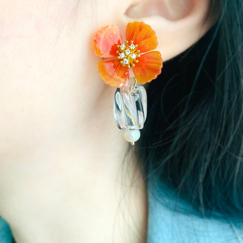 耳环 罂粟花 树脂 水钻 银饰 耳夹 琉璃 礼物 礼盒 手工 情人节 - 耳环/耳夹 - 绣线 多色