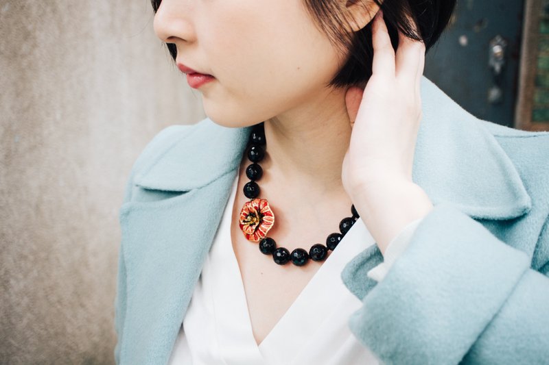 黑色玛瑙 沃尔泰拉系列 罂粟花项链 - 项链 - 纯银 黑色