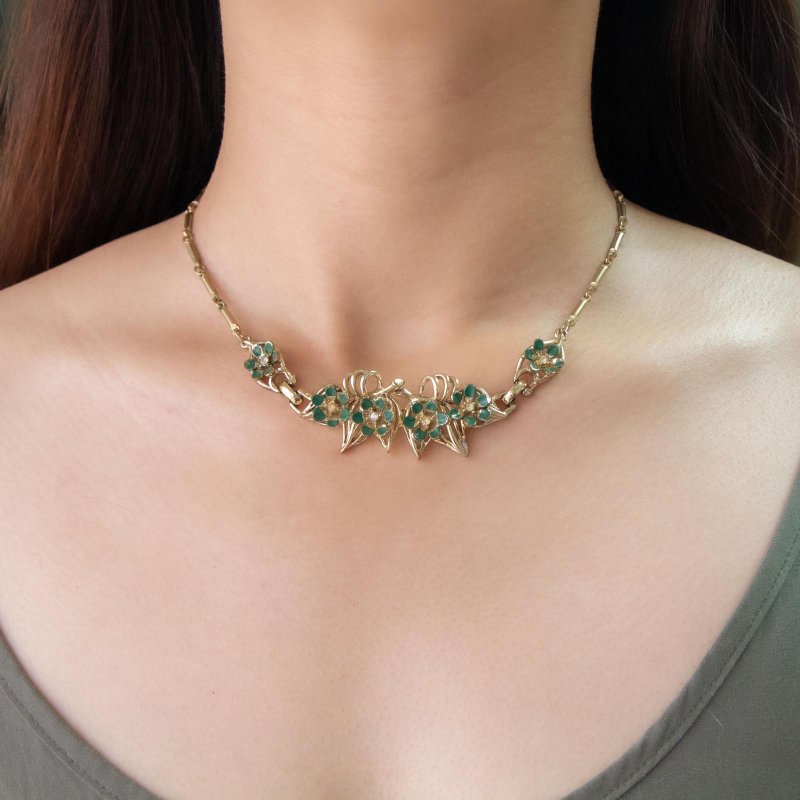 美国古董 绿珐琅小花簇镶莱茵石颈链 短项链 - 锁骨链 - 其他金属 绿色
