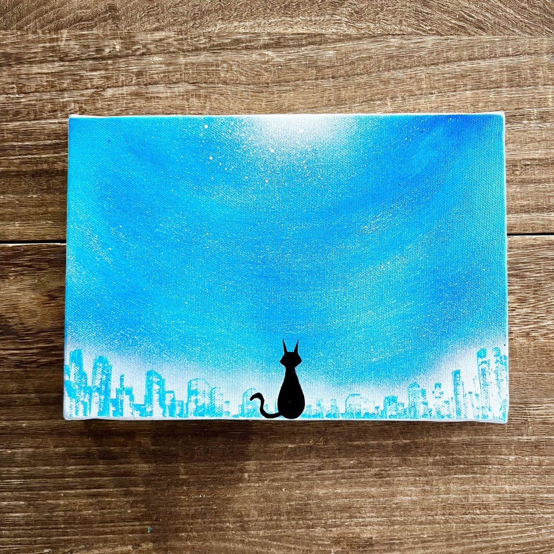 City with cats Original painting Black cat x Night sky Blue Turquoise painting Canvas Landscape painting Spray art Interior panel - 海报/装饰画/版画 - 棉．麻 蓝色