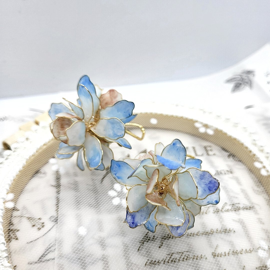【NiouJiou手作饰品】360度都要美花球 水晶花耳环 海色青春 - 耳环/耳夹 - 树脂 蓝色