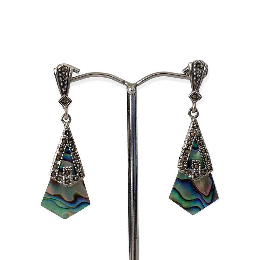 Art Deco Style Paua Shell with Marcasite Drop Earrings / Set 925 Sterling Silver - 耳环/耳夹 - 纯银 多色