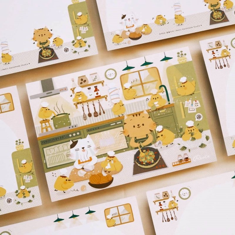 【24H快速出货】厨房小食光 布丁小鸡手绘明信片13 - 印章/印台 - 纸 绿色