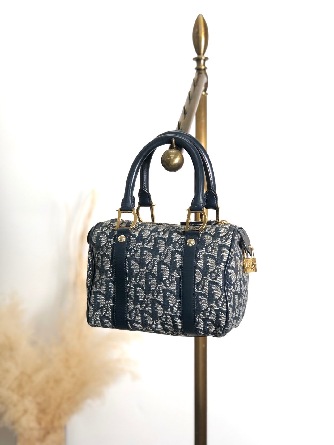 [日本直销，品牌二手包装] Christian Dior Trotter 手提包，海军蓝，提花，迷你波士顿包，复古 zpm6st - 手提包/手提袋 - 棉 蓝色