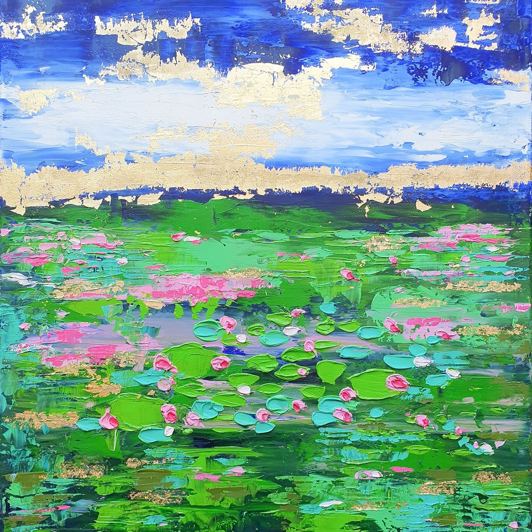 Lotus Painting Water Lilies Flowers Original Art  Kuwshinka Floral Artwork Pond - 海报/装饰画/版画 - 其他材质 多色