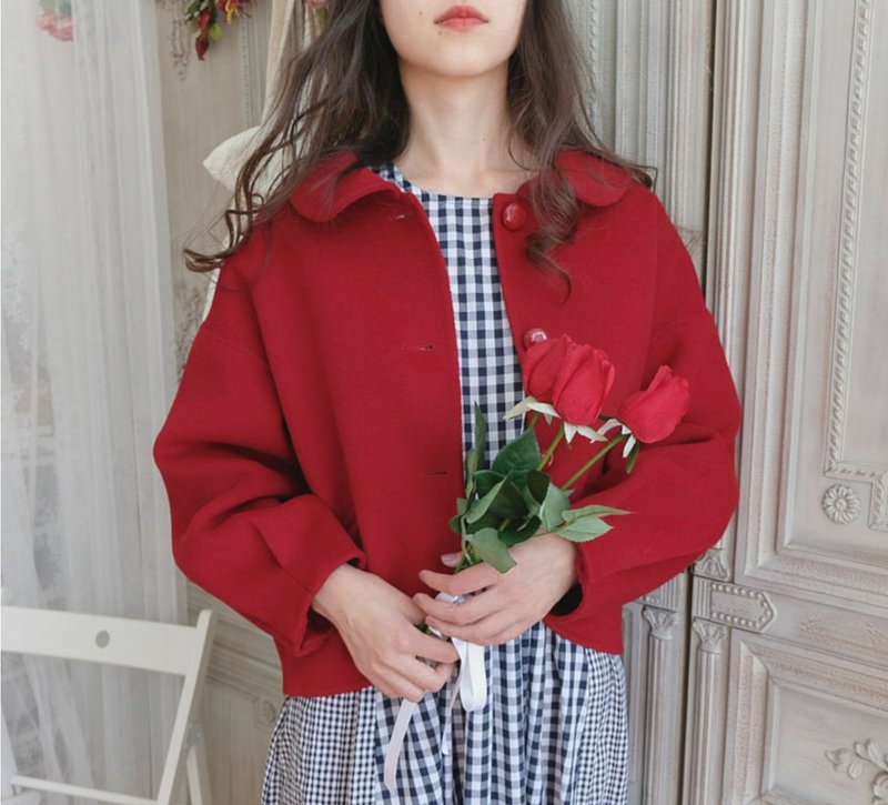 【手工制作】法式复古 元宝领轻LO羊毛双面绒外套/上衣 - 女装上衣 - 羊毛 红色