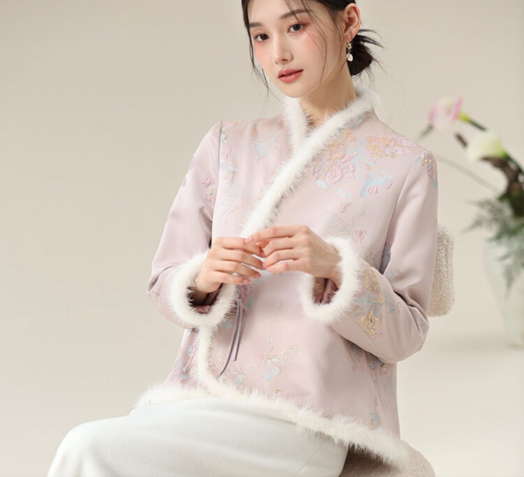 新中式復古中國風 汉服夹棉服交领短款上衣 - 女装上衣 - 聚酯纤维 粉红色
