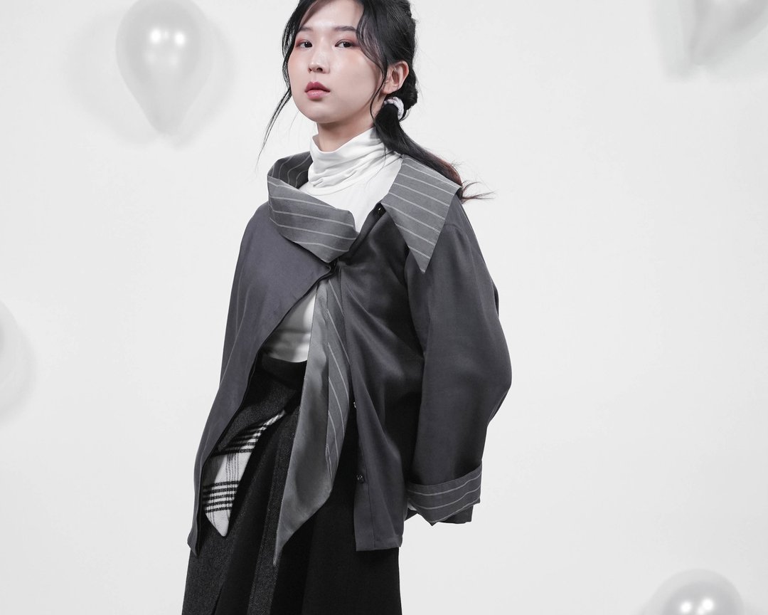 【出清品】大斜领衬衫外罩 - 棕棉灰 - 女装衬衫 - 棉 灰色