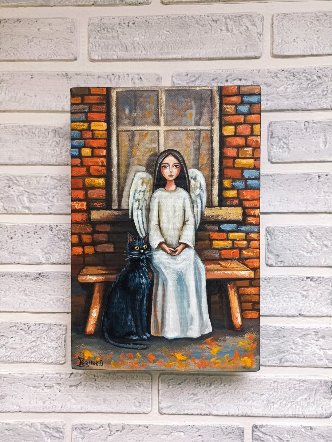 天使画原创油画伸展画布天使与猫墙艺术 - 墙贴/壁贴 - 环保材料 多色