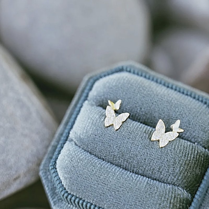 梦幻仙女金蝴蝶耳环 Gold Butterflies Earrings - 耳环/耳夹 - 纯银 银色