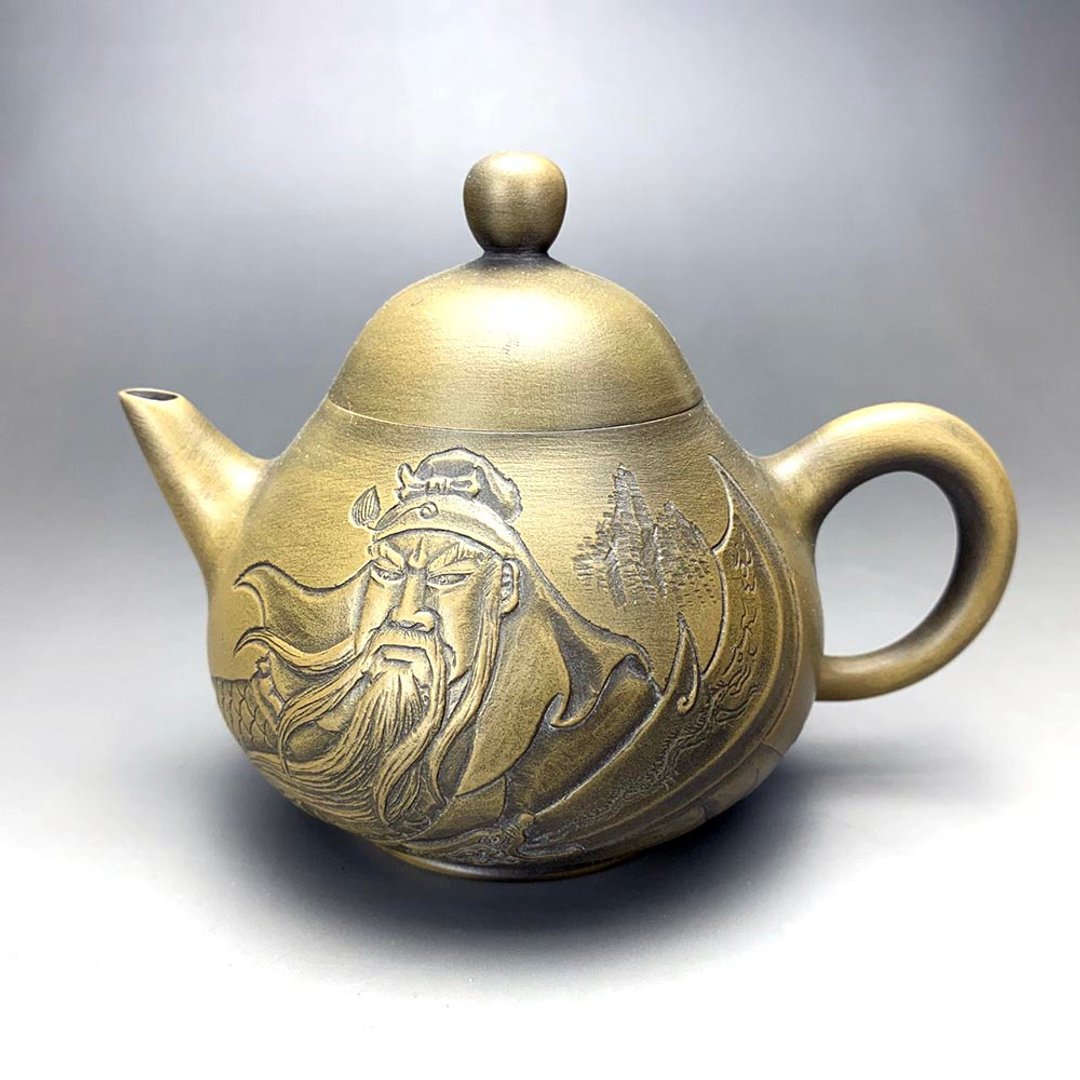 台湾【段泥窑变】雕刻关公(威震四海)窑变壶 - 茶具/茶杯 - 陶 