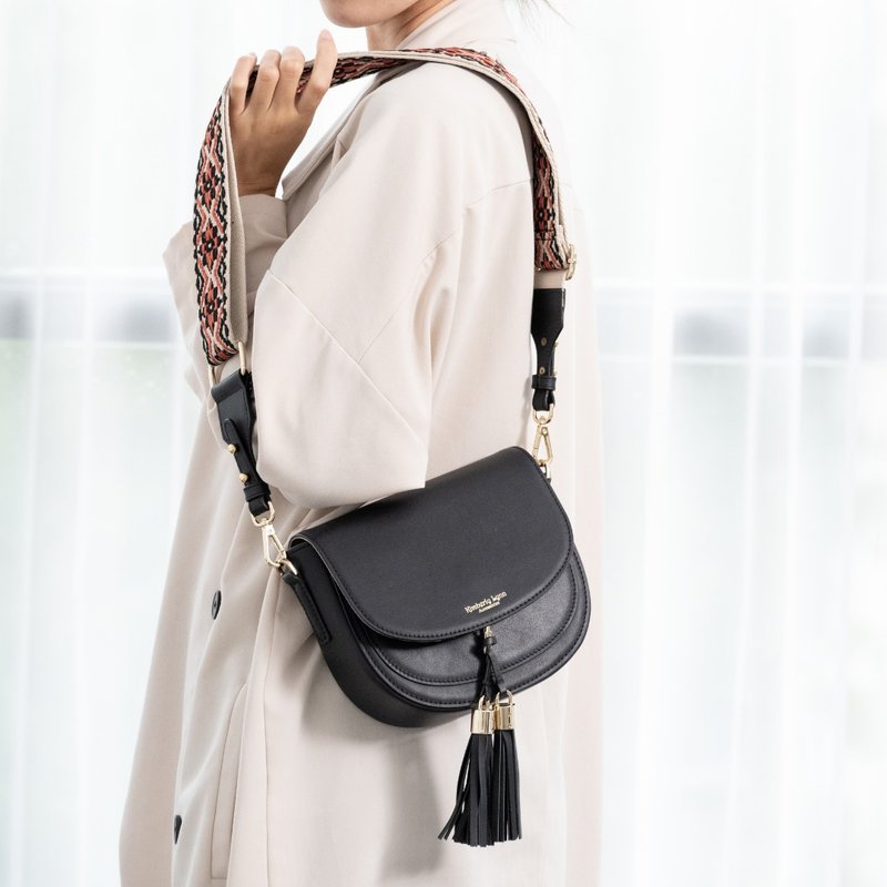 百变换盖真皮马鞍包 - 雅致雾黑(含流苏) - 侧背包/斜挎包 - 真皮 黑色