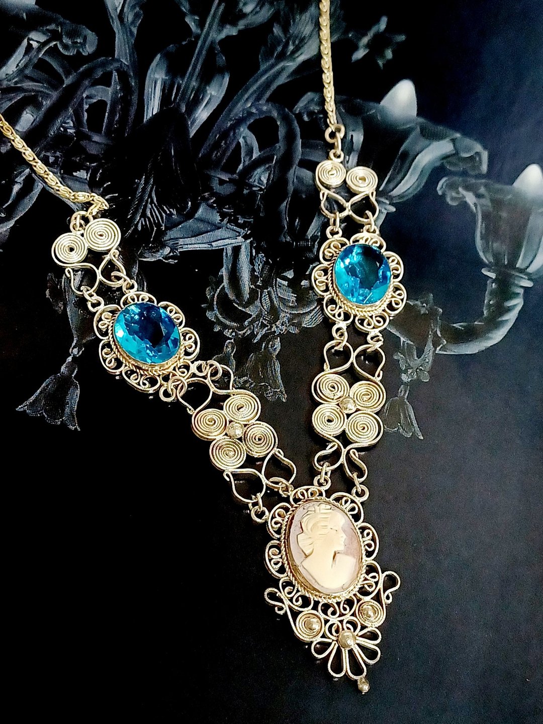Avintage jewelry  古董装饰艺术海蓝莱茵 贝壳浮雕 银质 项链 - 项链 - 其他金属 