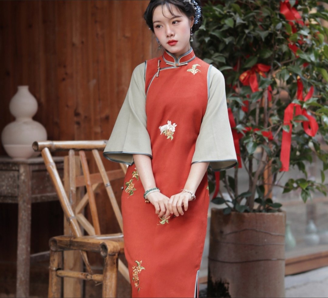 【宫墙桂枝】民国复古风  绣花倒大袖假两件旗袍 - 洋装/连衣裙 - 其他材质 红色