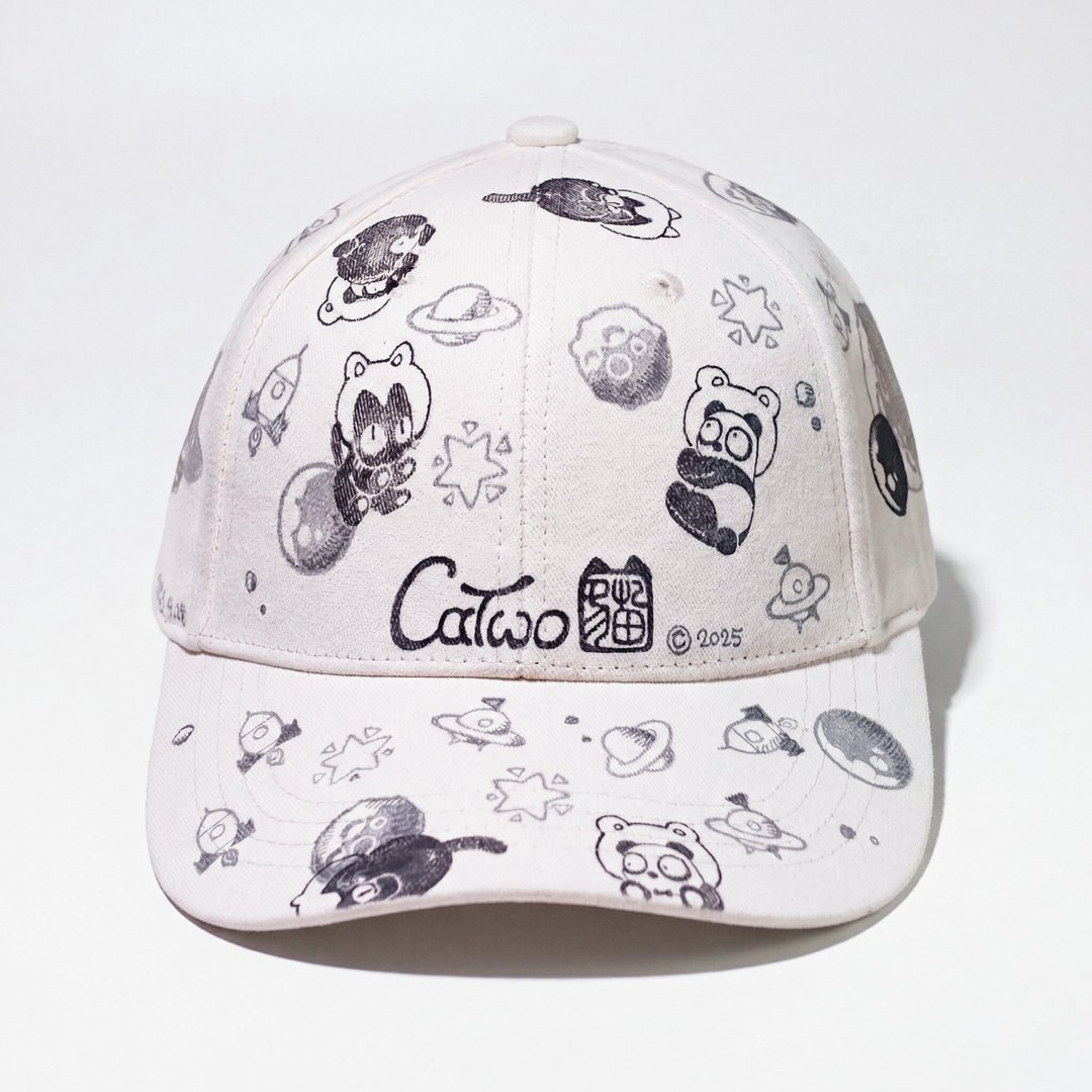 CaTwo 猫 2 手绘帽 | 太空系列 鸭舌帽 棒球帽 老帽 手绘帽 - 帽子 - 棉．麻 白色