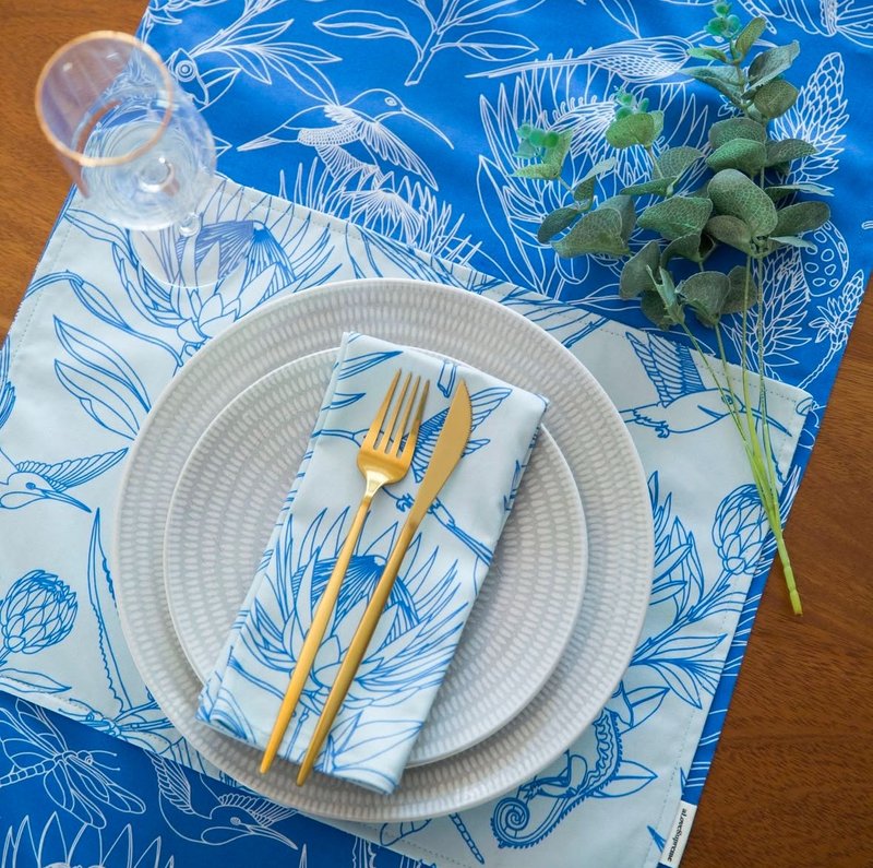 aLoveSupreme 南非手绘双面棉布餐桌垫_盛开花园_淡蓝色/奶油白 - 餐垫/桌巾 - 棉．麻 