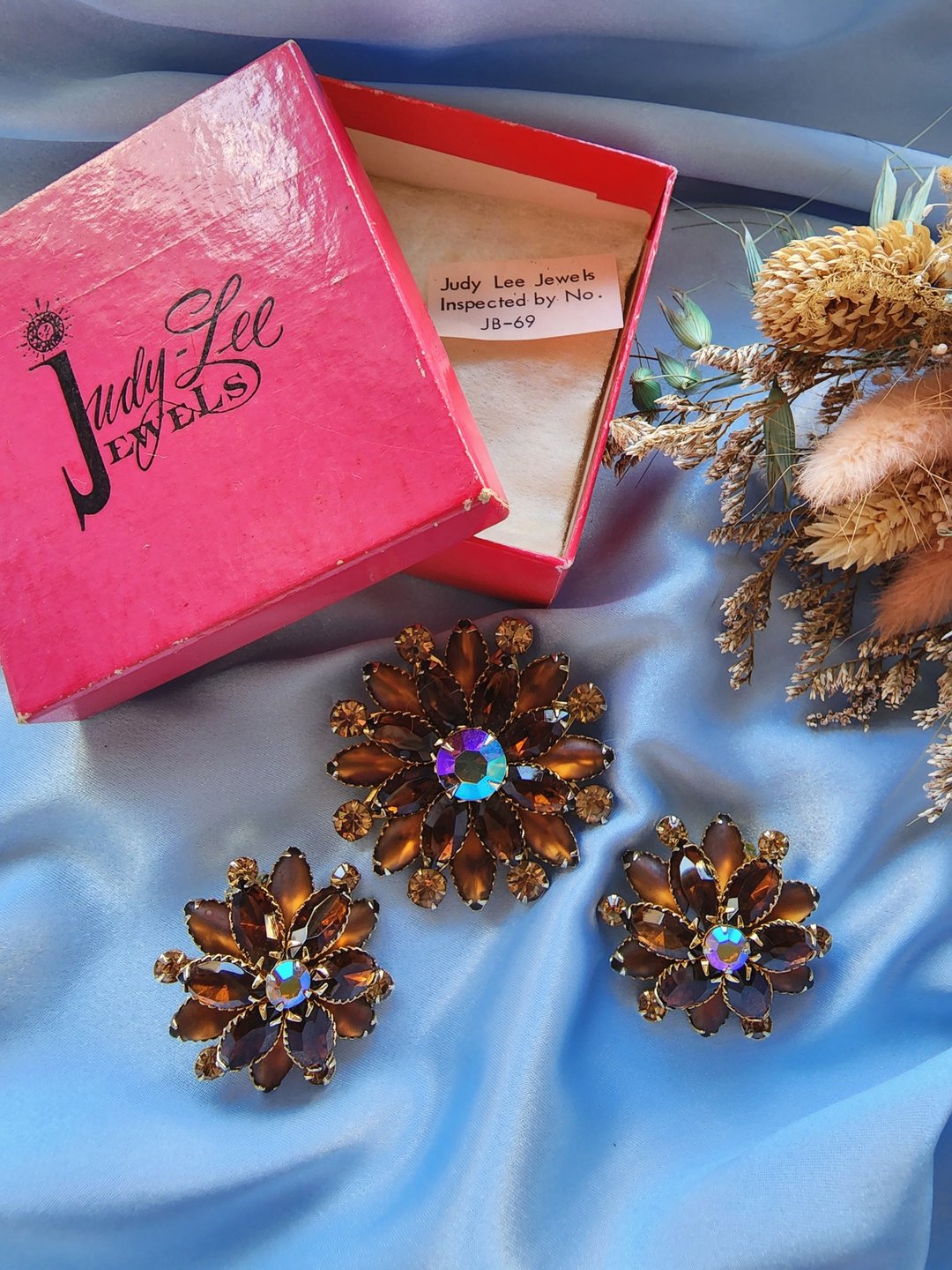 美国西洋古董饰品/ Judy Lee浓郁蜂蜜琥珀果冻胸针耳环套组 - 胸针 - 其他金属 